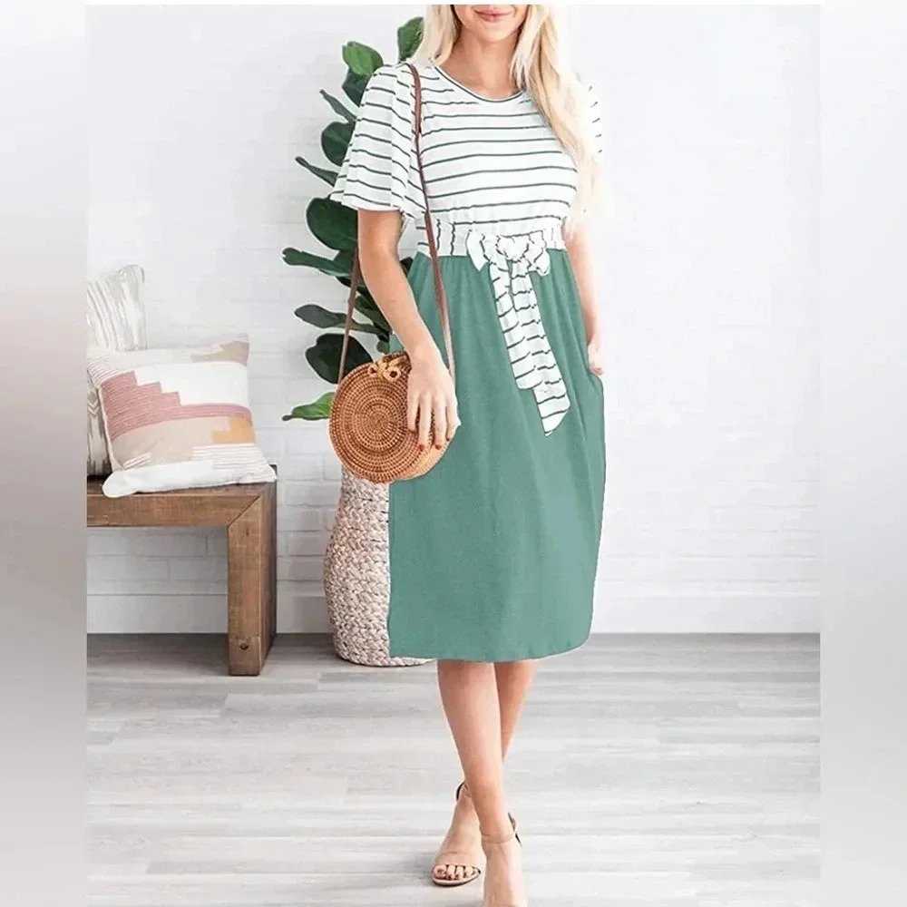 Striped Tie Waist Pockets Casual Swing Midi Dress NWT size M